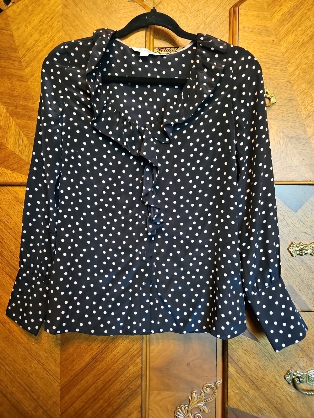 Boden Size 2 Polka Dot Ruffle Front Long-Sleeve Top - Black/White